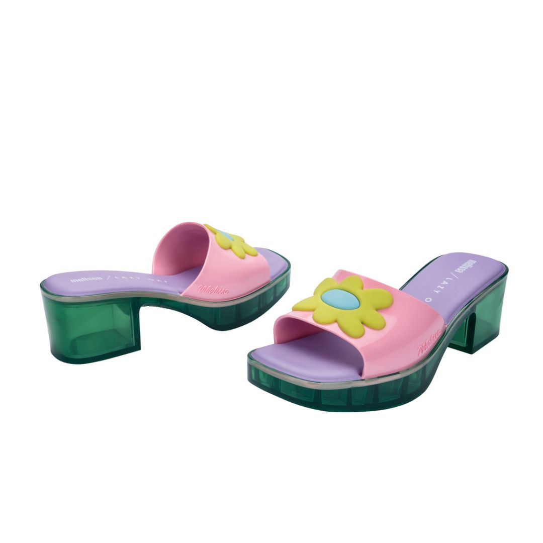Melissa Shape + Lazy Oaf Ad Green Pink Lilac Klapki Na Obcasie Damskie Wielokolorowe