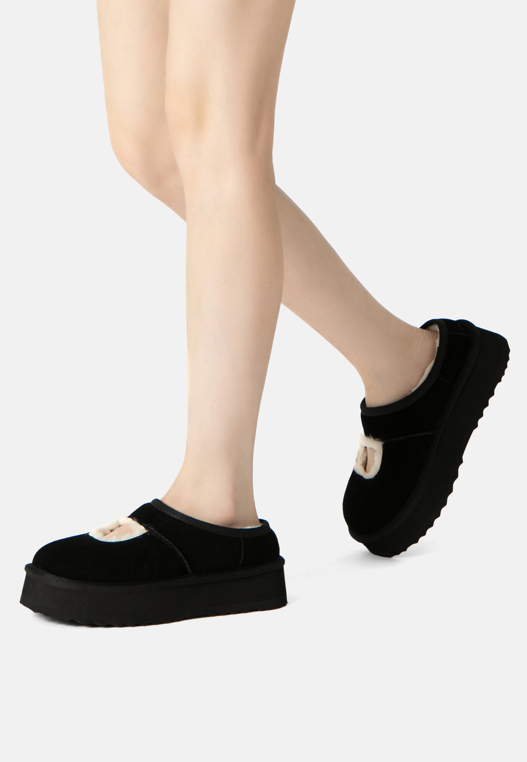 EVERAU Plumed Ankle Platform Slippers Kapcie Czarne