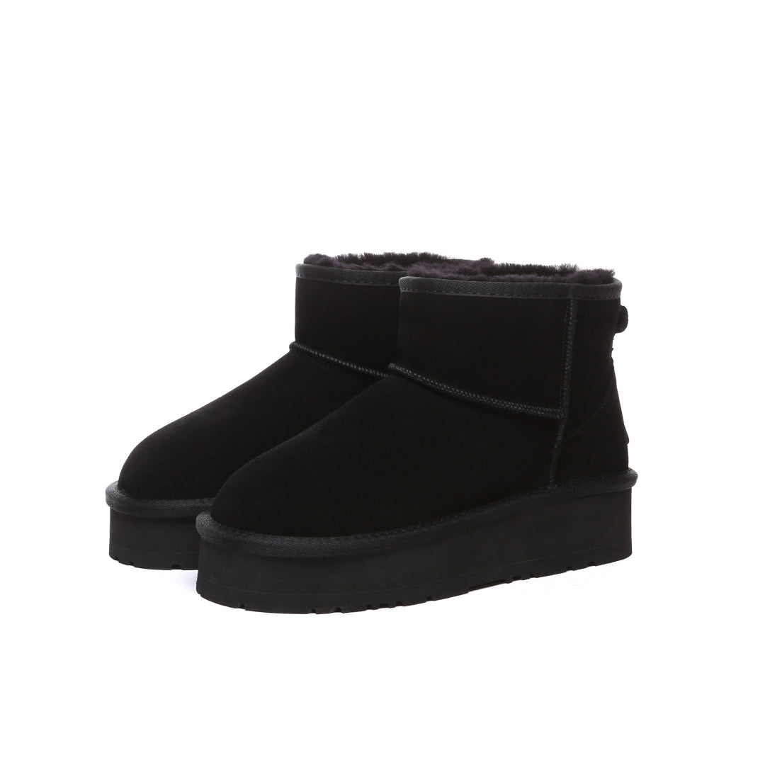 EVERAU Dusky Black Leather Platform Short Boots Botki Czarne