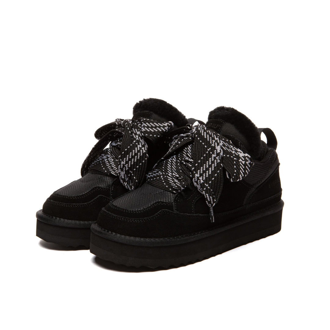 EVERAU Marbled Black Lace Up Platform Sneakersy Czarne