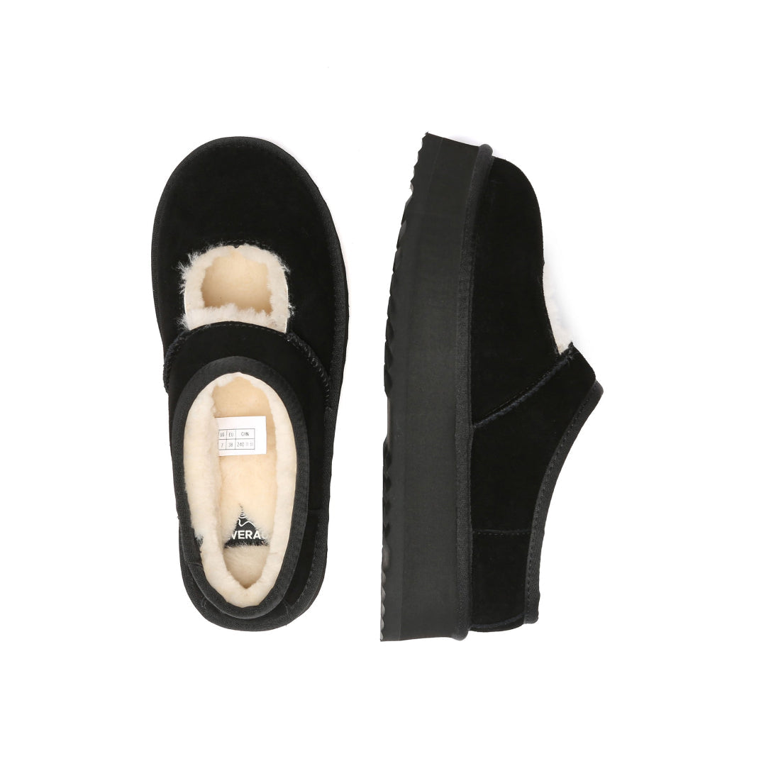 EVERAU Plumed Black Ankle Platform Baleriny Czarne