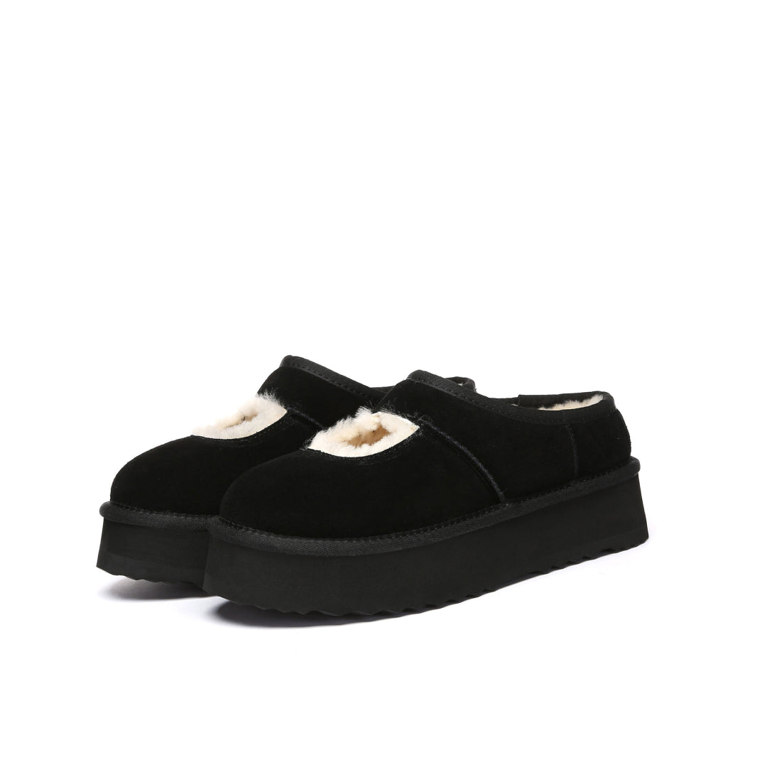 EVERAU Plumed Black Ankle Platform Baleriny Czarne