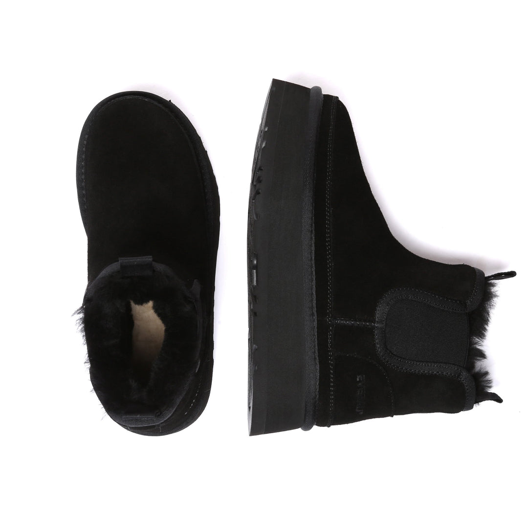 EVERAU Shoveler Black Leather Platform Short Chelsea Boots Botki Czarne