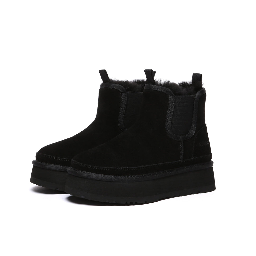 EVERAU Shoveler Black Leather Platform Short Chelsea Boots Botki Czarne