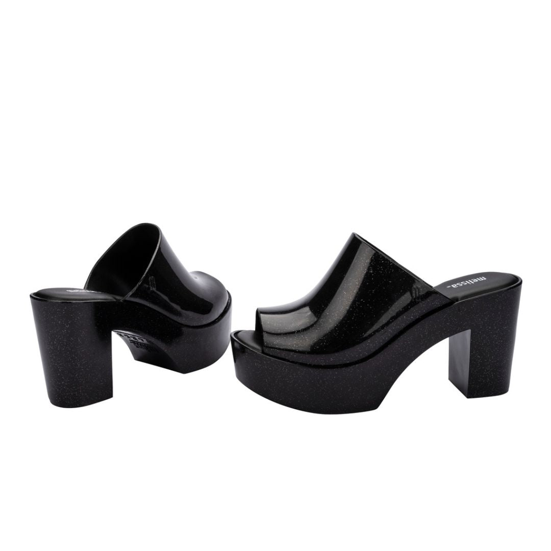 Melissa Mule AD Klapki Damskie Na Obcasie Black Glitter Czarne Brokat