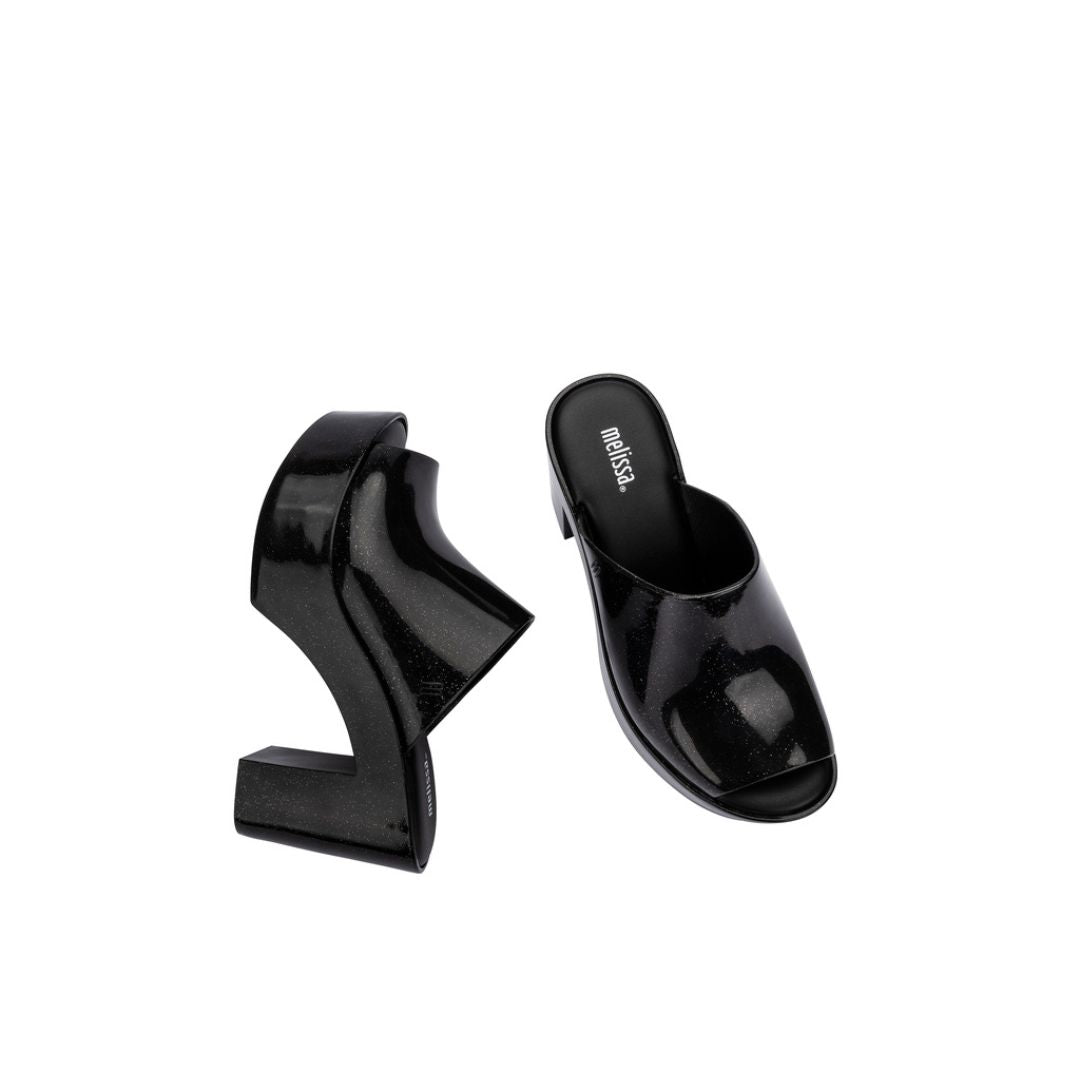 Melissa Mule AD Klapki Damskie Na Obcasie Black Glitter Czarne Brokat