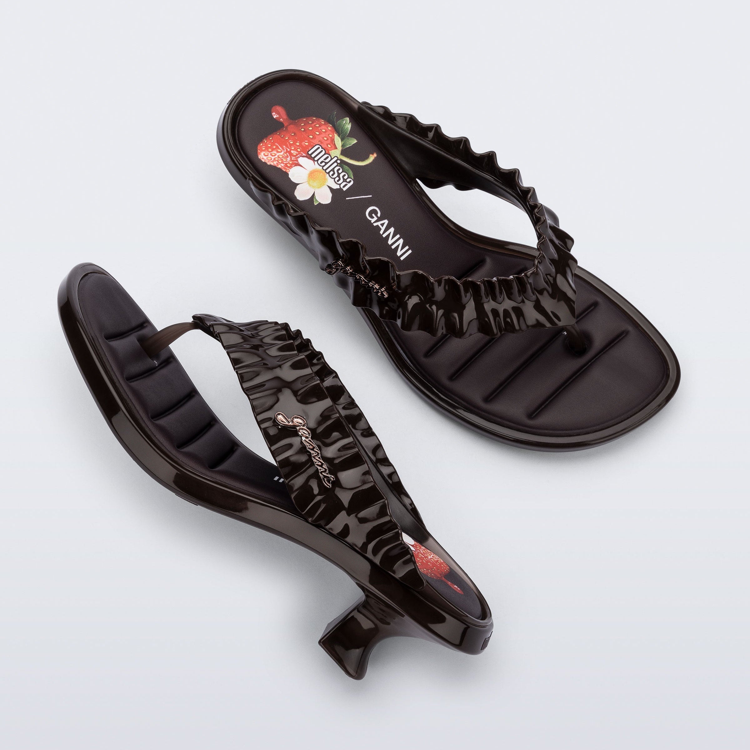 Melissa Thong Kitten Heel + Ganni AD Brown Klapki Damskie Na Obcasie Brązowe