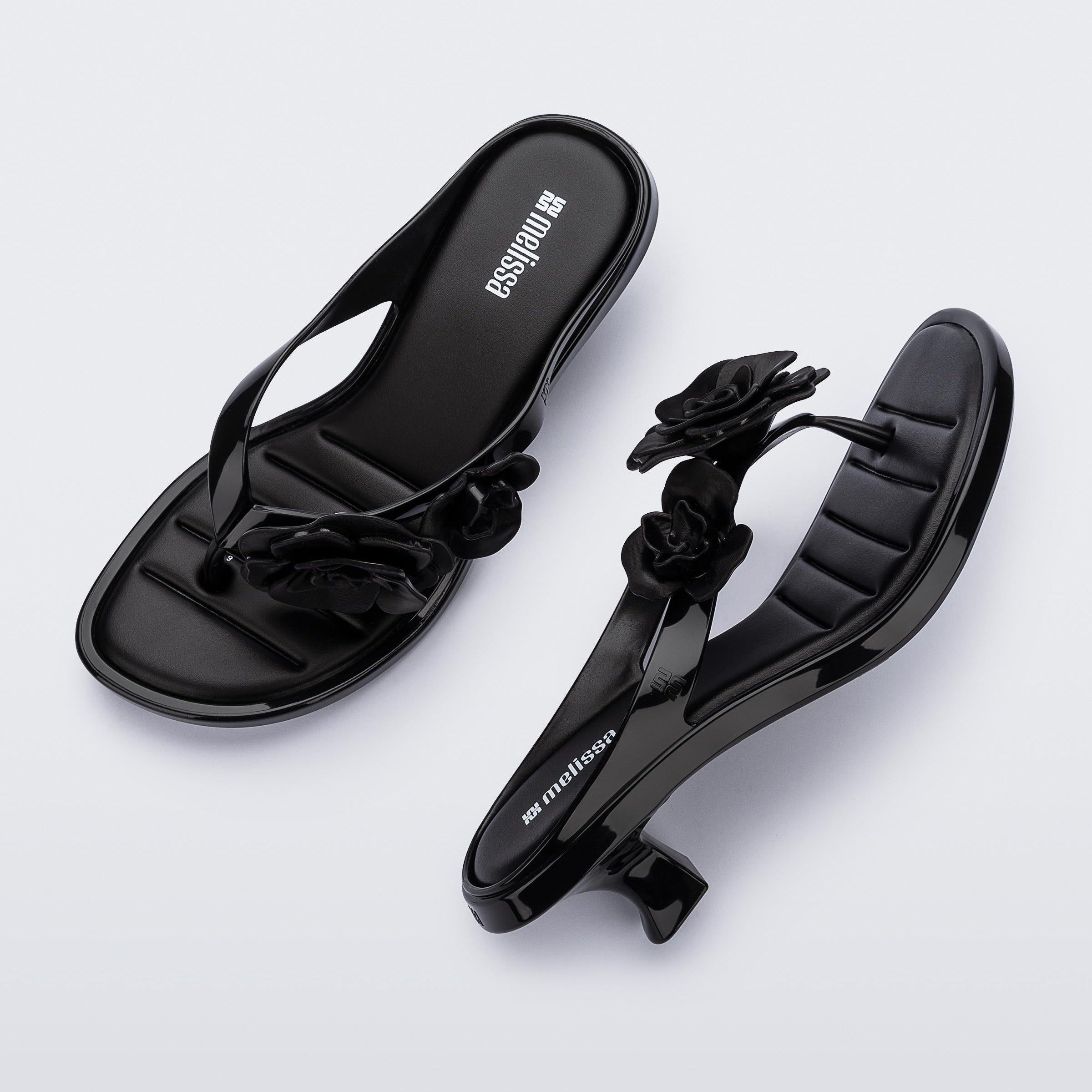 Melissa Thong Kitten Heel Petals AD Black Klapki Damskie Na Obcasie Czarne