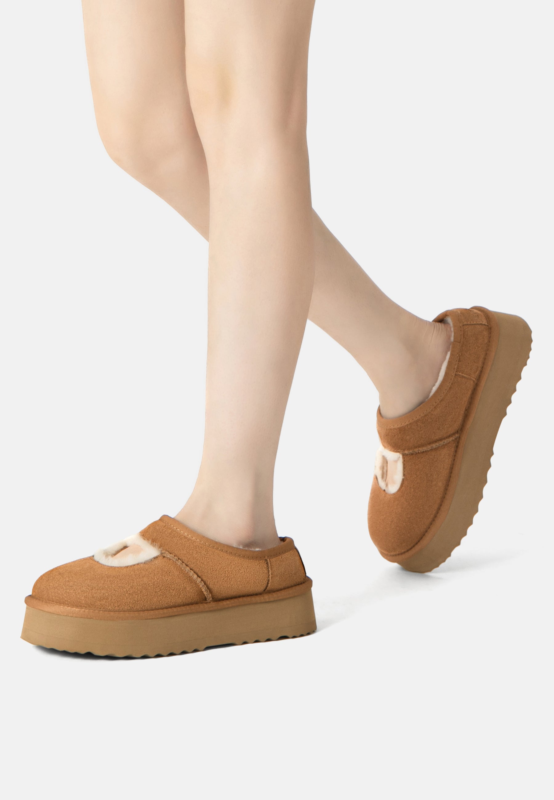 EVERAU Plumed Ankle Platform Slippers Kapcie Brązowe