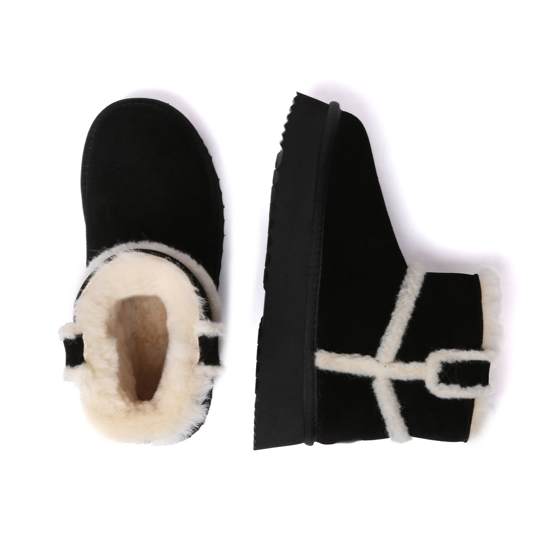 EVERAU Barren Black Leather Chic Platform Short Boots Botki Czarne