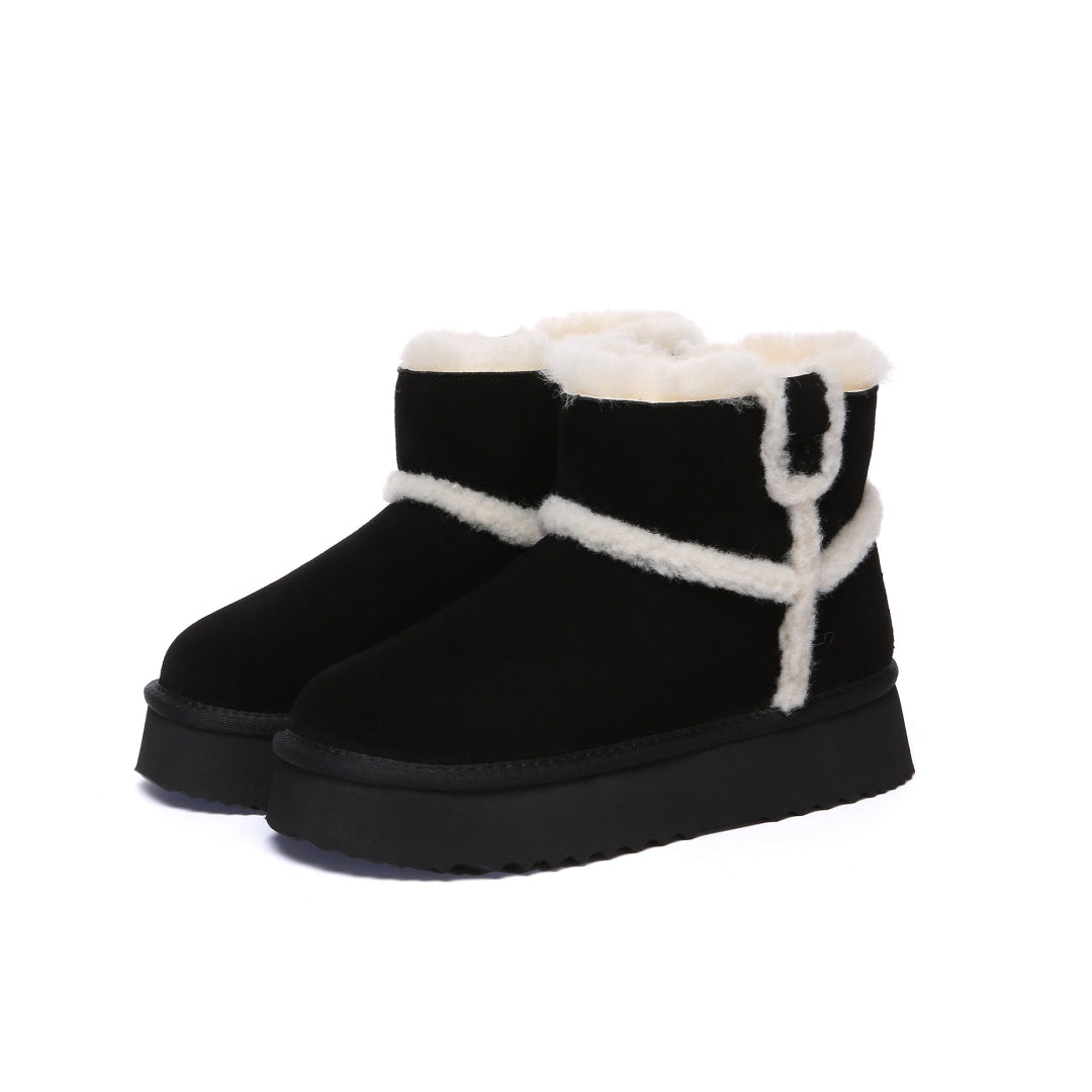 EVERAU Barren Black Leather Chic Platform Short Boots Botki Czarne