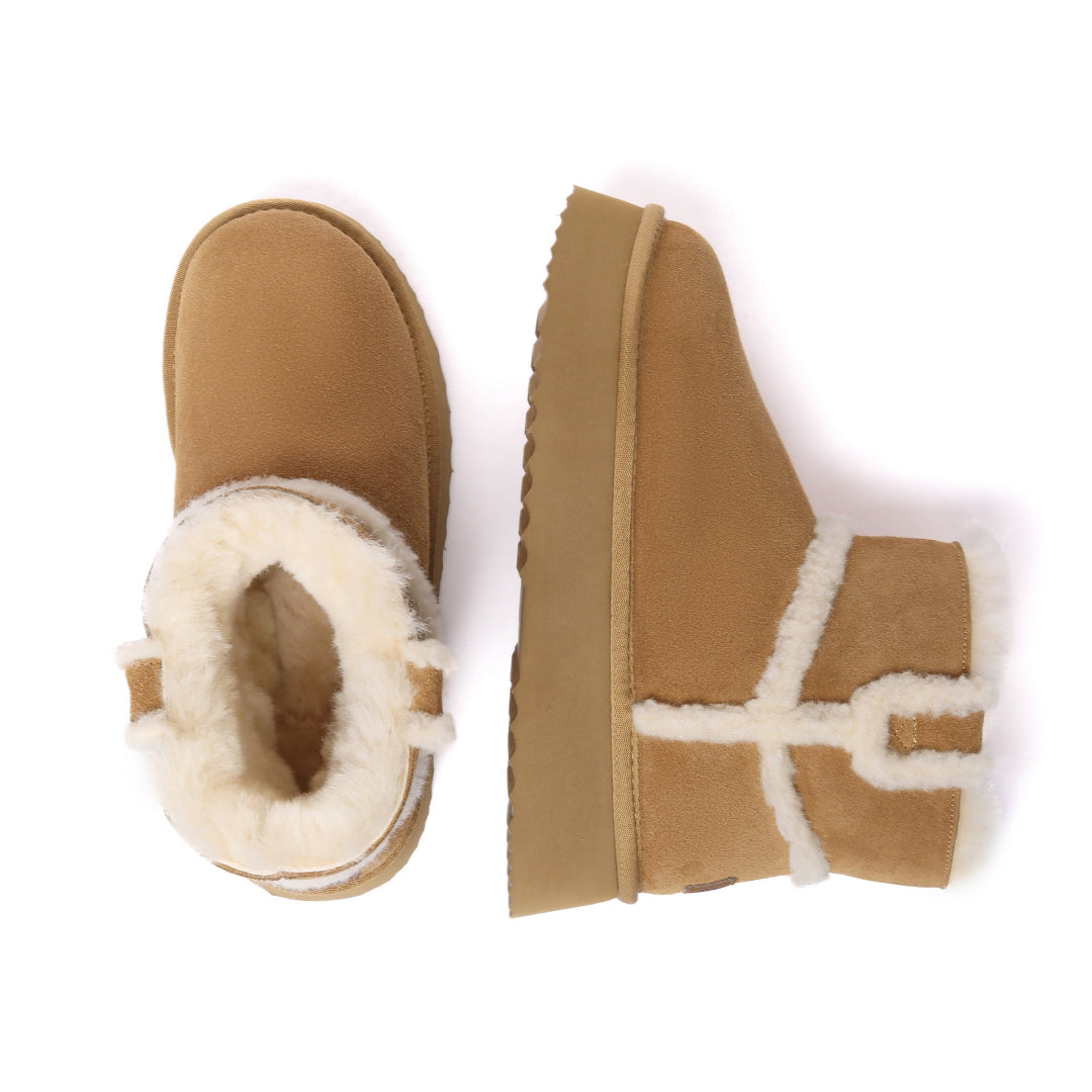 EVERAU Barren Chestnut Leather Chic Platform Short Boots Botki Brązowe