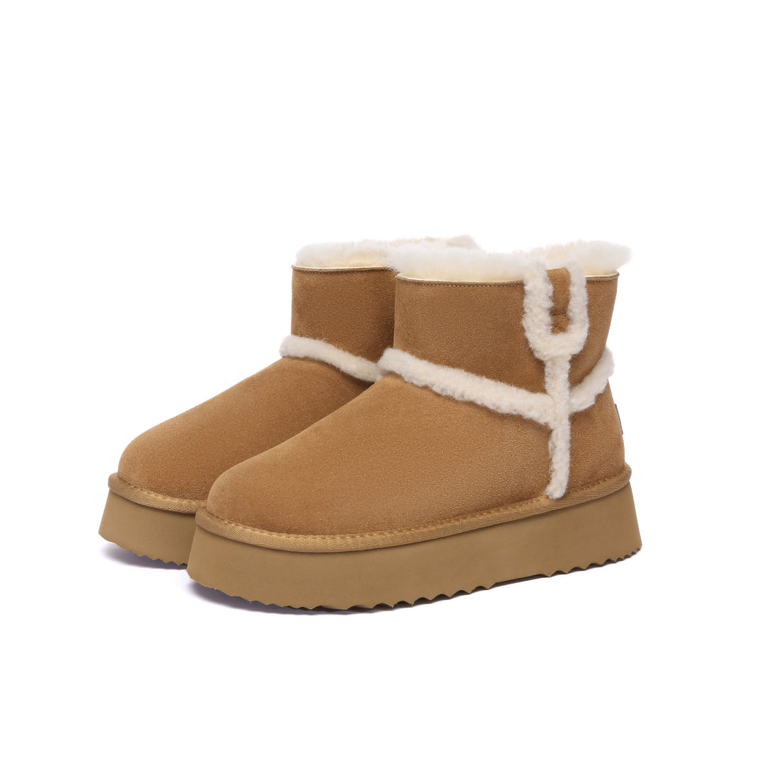 EVERAU Barren Chestnut Leather Chic Platform Short Boots Botki Brązowe