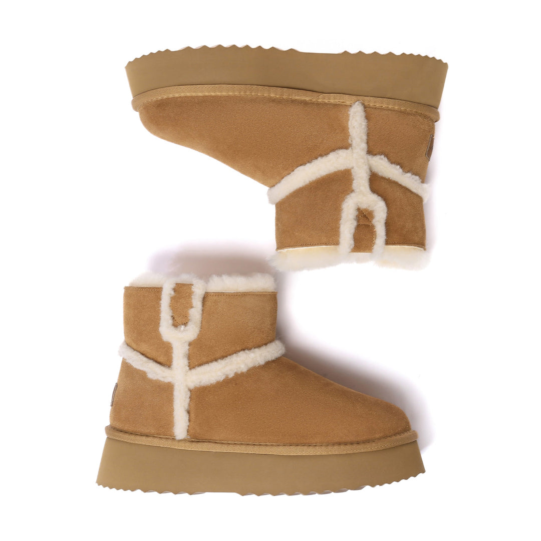 EVERAU Barren Chestnut Leather Chic Platform Short Boots Botki Brązowe