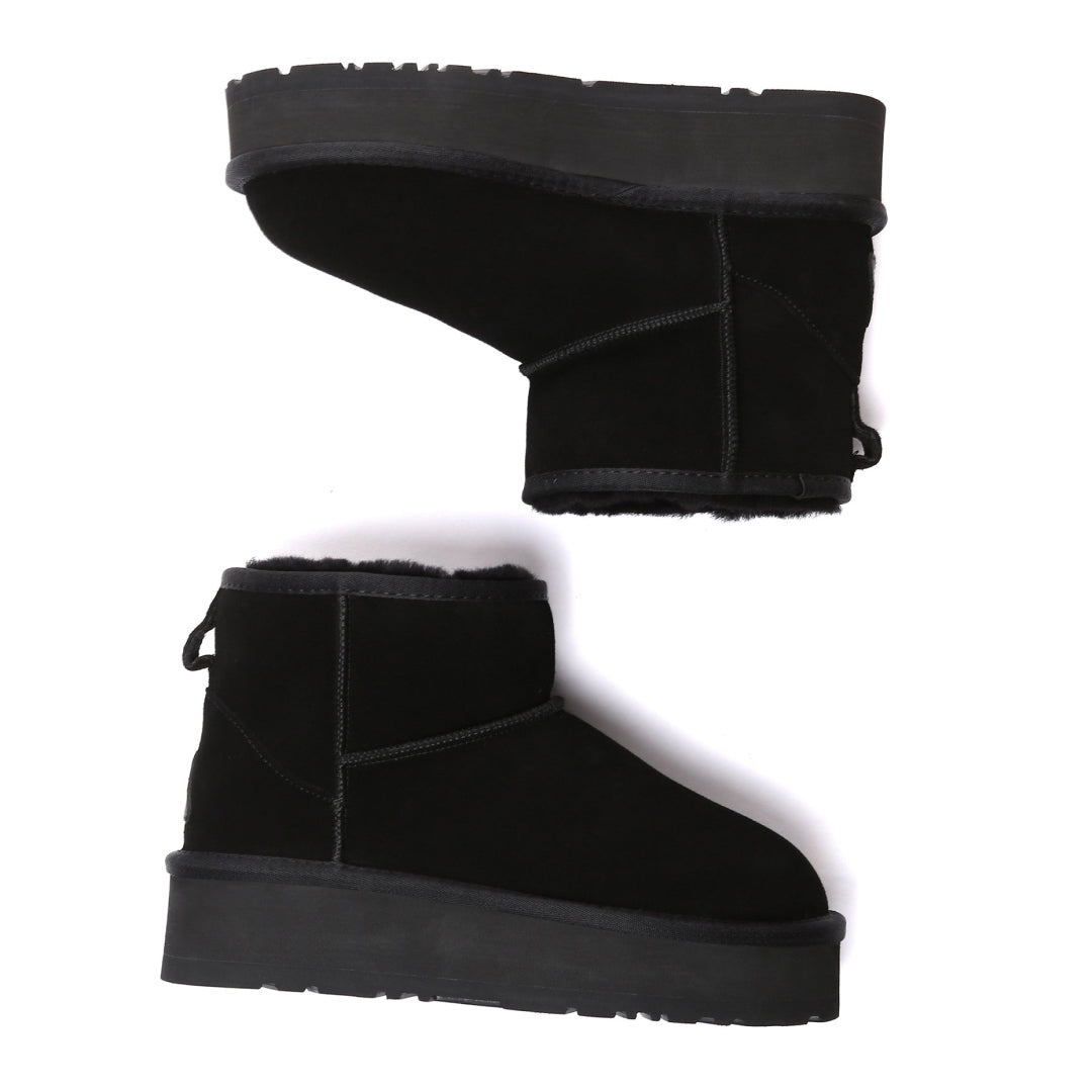 EVERAU Dusky Black Leather Platform Short Boots Botki Czarne