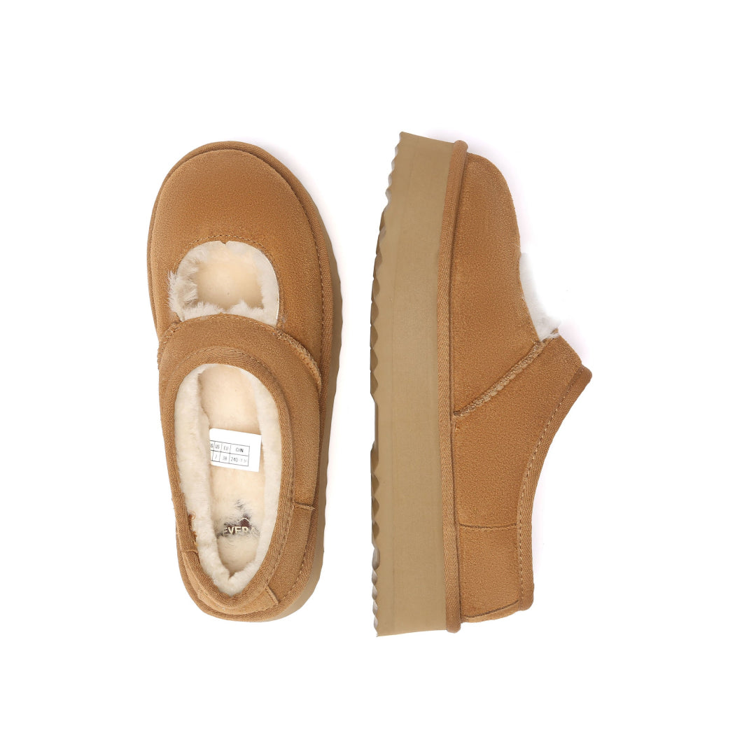 EVERAU Plumed Chestnut Ankle Platform Baleriny Brązowe