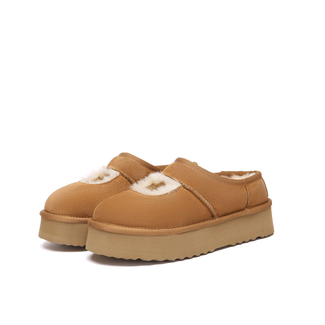 EVERAU Plumed Chestnut Ankle Platform Baleriny Brązowe
