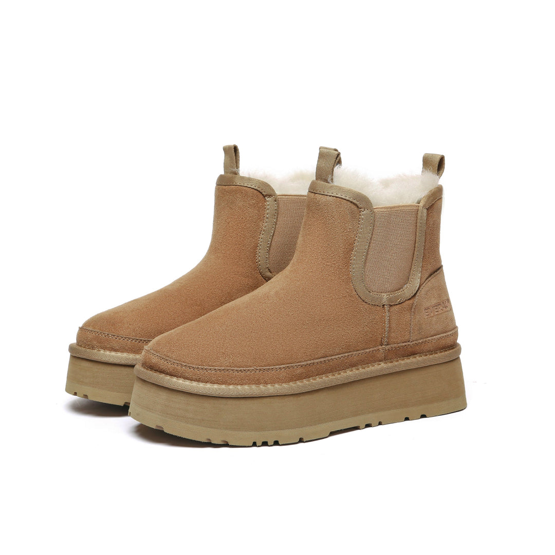 EVERAU Shoveler Chestnut Leather Platform Short Chelsea Boots Botki Brązowe